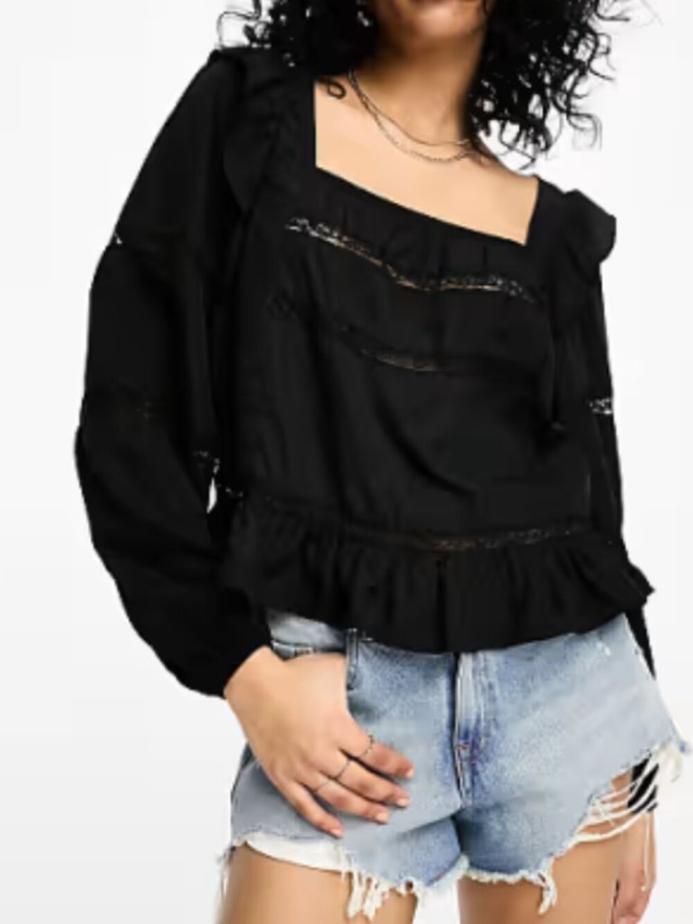 Flowy Black Blouse with Lace Panels